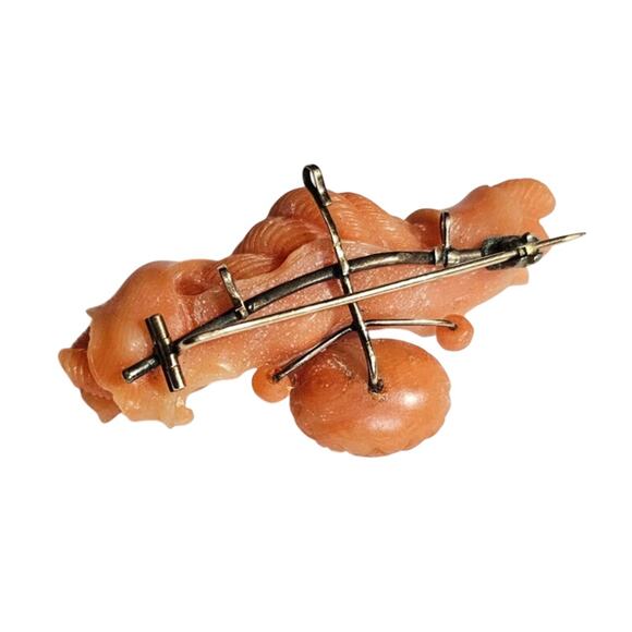 Antique Victorian Carved Coral Pendant Brooch 12k Gold Rope Ribbon Basket Tiara - Picture 7 of 9